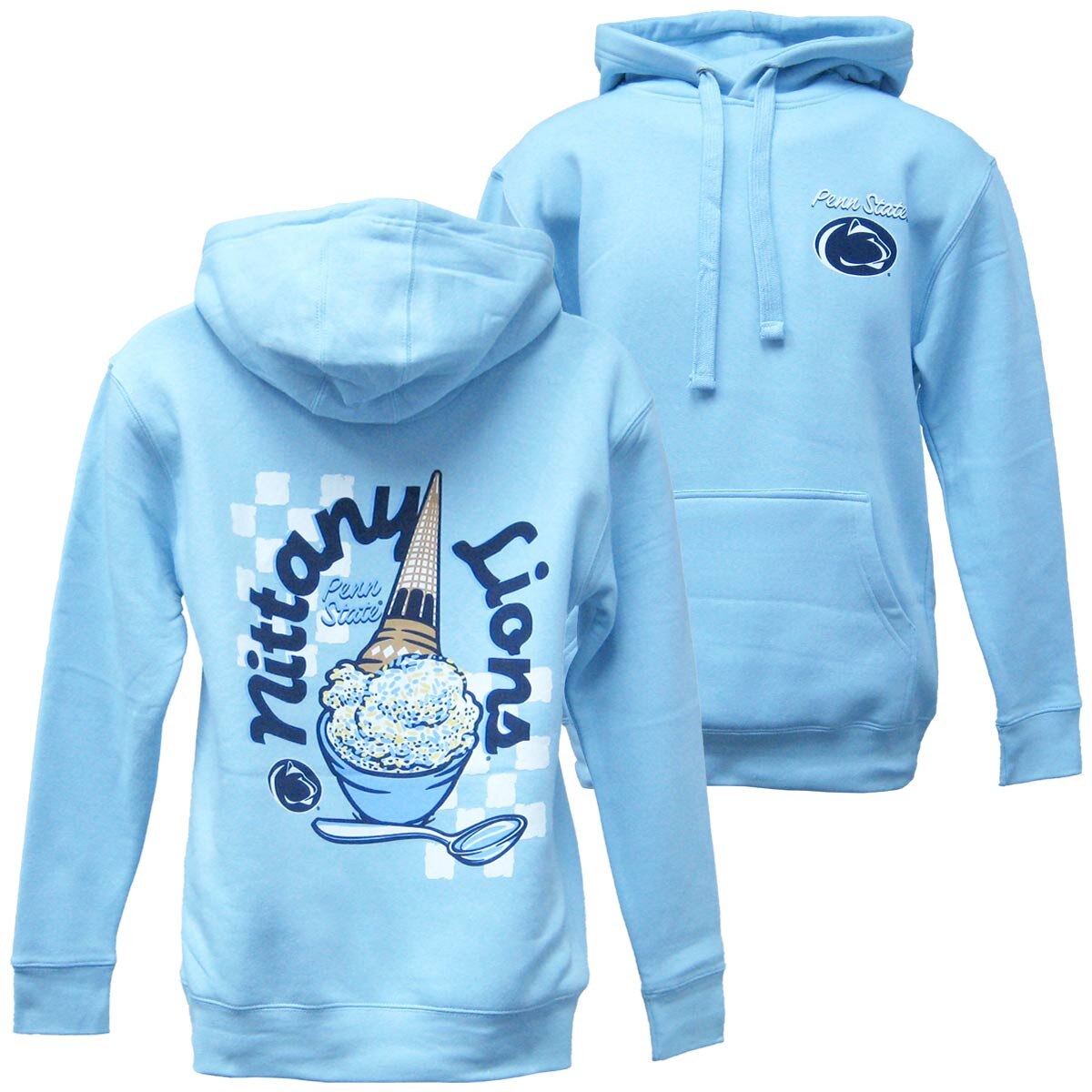 light blue hooded sweatshirt with Penn State Nittany Lions ice cream graphics